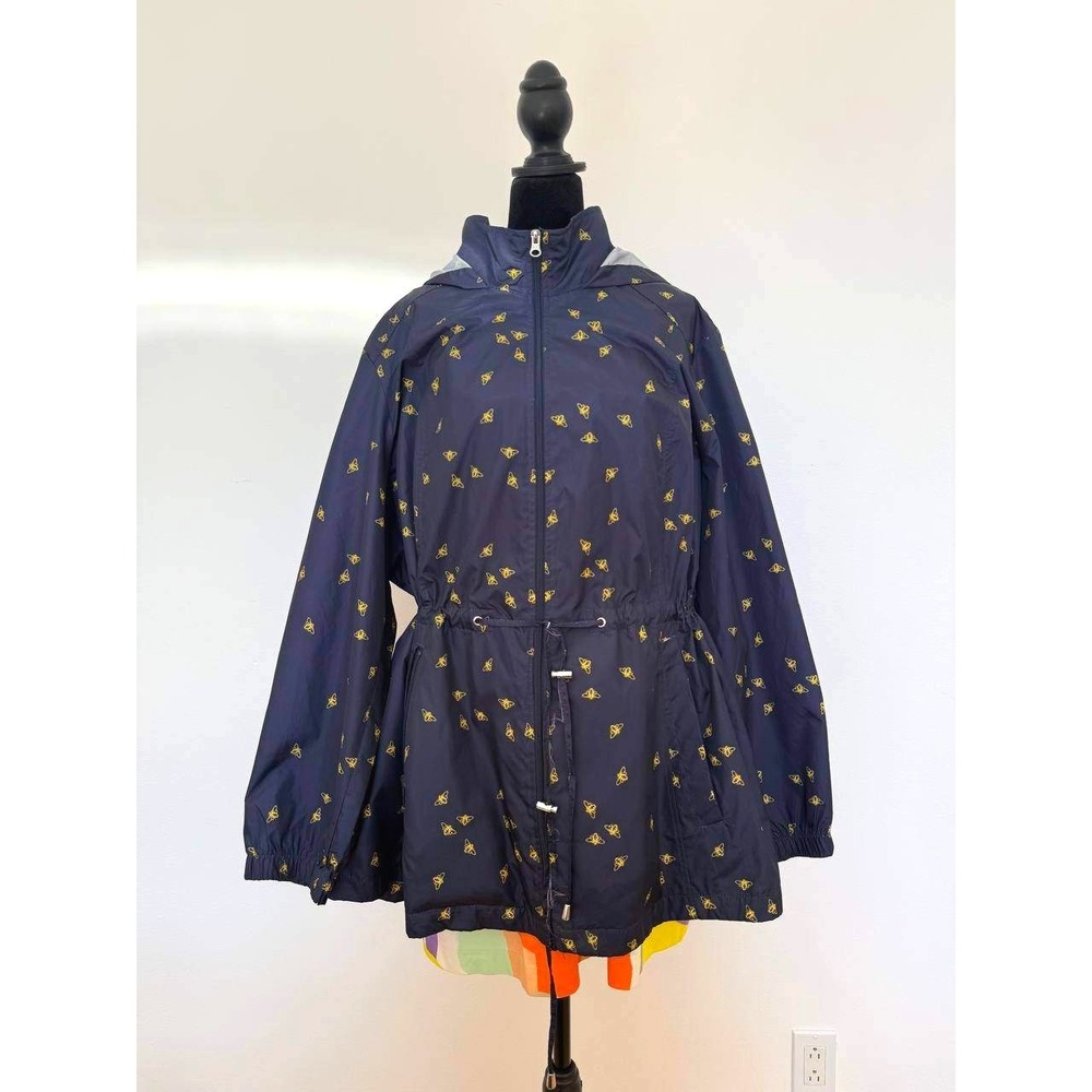 Navy Cottagecore Whimsical Bumblebee Print Hooded Windbreaker Rainkaccet, S-2XL